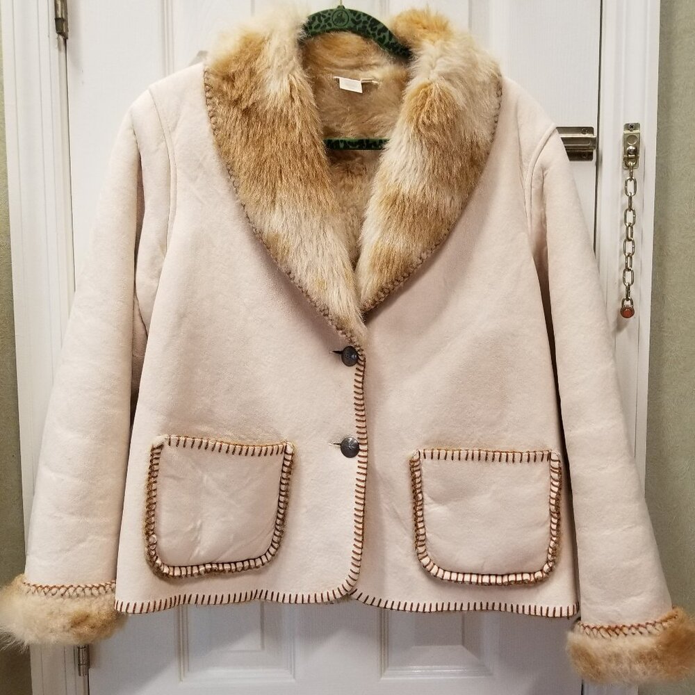Coldwater Creek Designer Suede Jacket Beige with Faux Fur Size: M